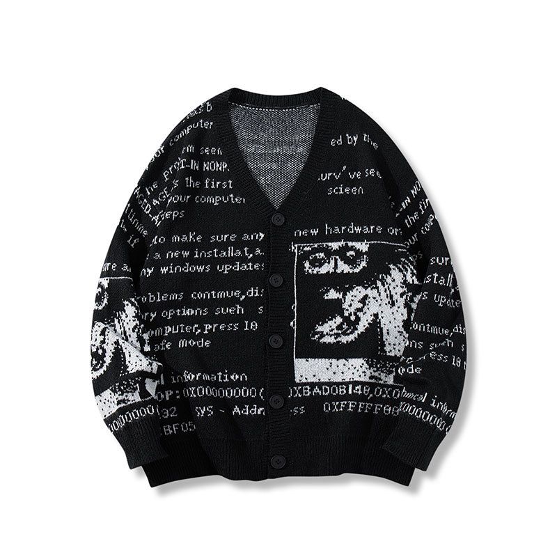 Oversized Letter Print Cardigan – Streetwear Unisex Knit Sweater (Black, Drop Shoulder)"_voghion.com