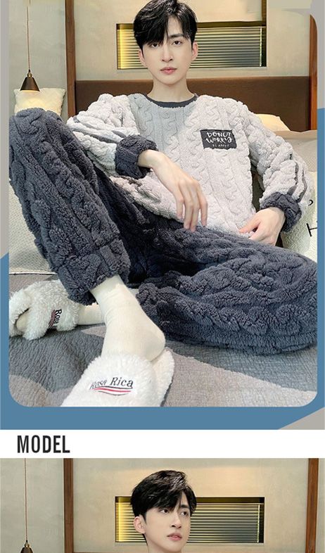 2025 Nuovo pigiama invernale in pile di corallo, morbido e aderente, in flanella, da uomo, vestibilità ampia e spessa_voghion.com
