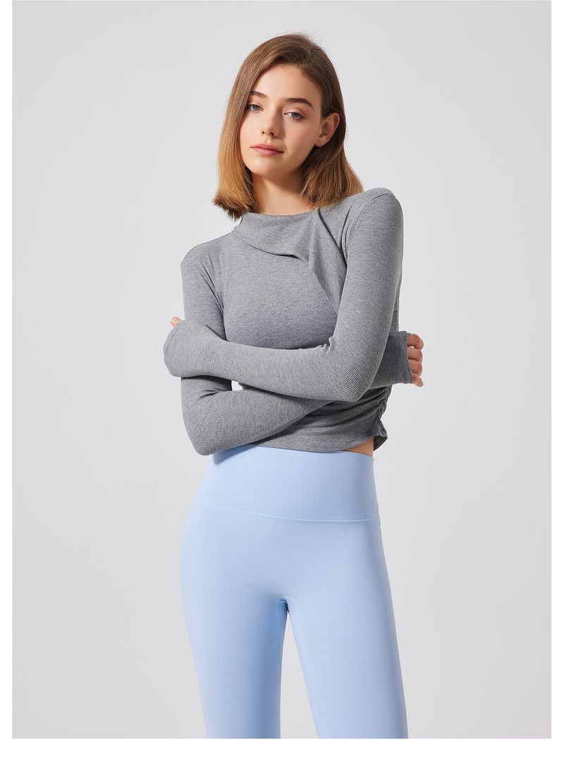 Maglia da yoga a collo alto a coste autunno-inverno, maglia sportiva aderente a maniche lunghe da donna, maglietta da corsa, allenamento e_voghion.com