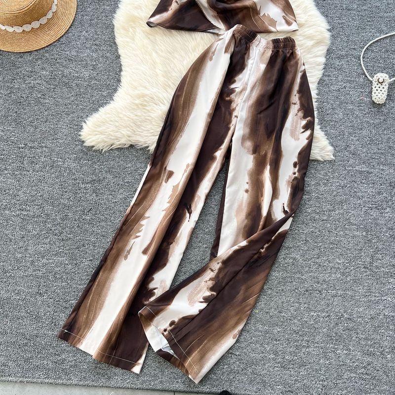 Women's Clothing Two Piece Suit Cross Waist Round Neck Short Sleeves Printed Top High Waist Casual Wide Leg Pants_voghion.com