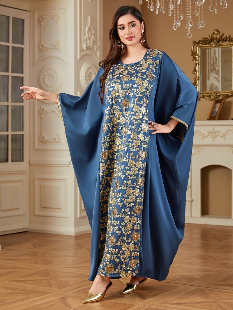 Women's Clothing Fashion Sequins Heavy Embroidery Dress Bat Sleeve Waist Loose Robe_voghion.com