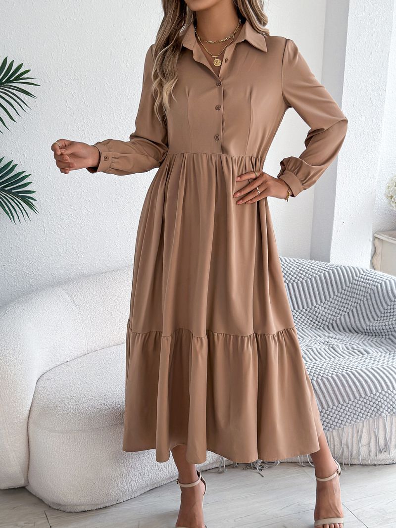 Abito camicia casual con volant e orlo a maniche lunghe, ampio e colletto rovesciato, autunno inverno 2025, moda donna_voghion.com