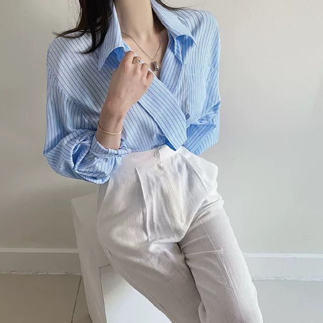 2024 Spring and Autumn New Korean Chic Gentle Striped White Collar Single breasted Loose Casual Long Sleeve Shirt_voghion.com