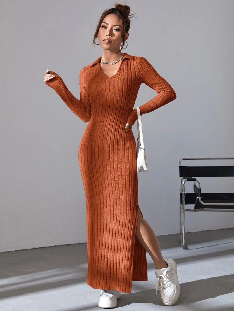 Women's clothing knitted dress casual waist V-neck pit strips slimming and hip hair coverage_voghion.com