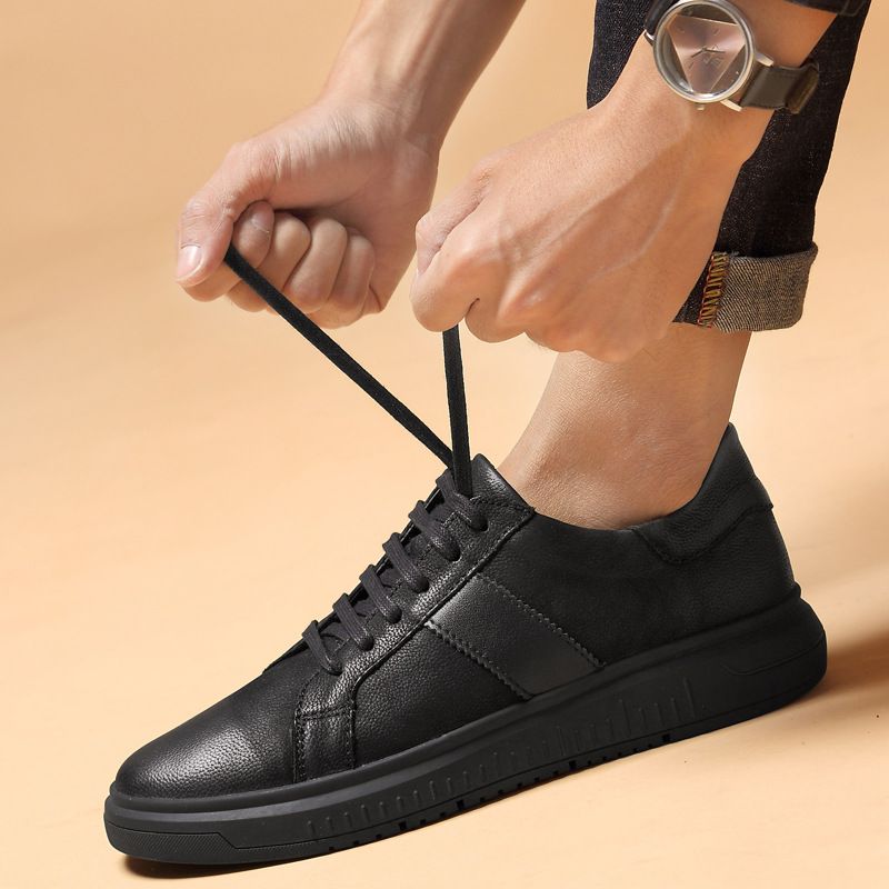 Men's Round Head Two-layer Cowhide Retro Men's Shallow Mouth Front Strap-up Flat Heel Board Shoes Men's Sports Shoes_voghion.com