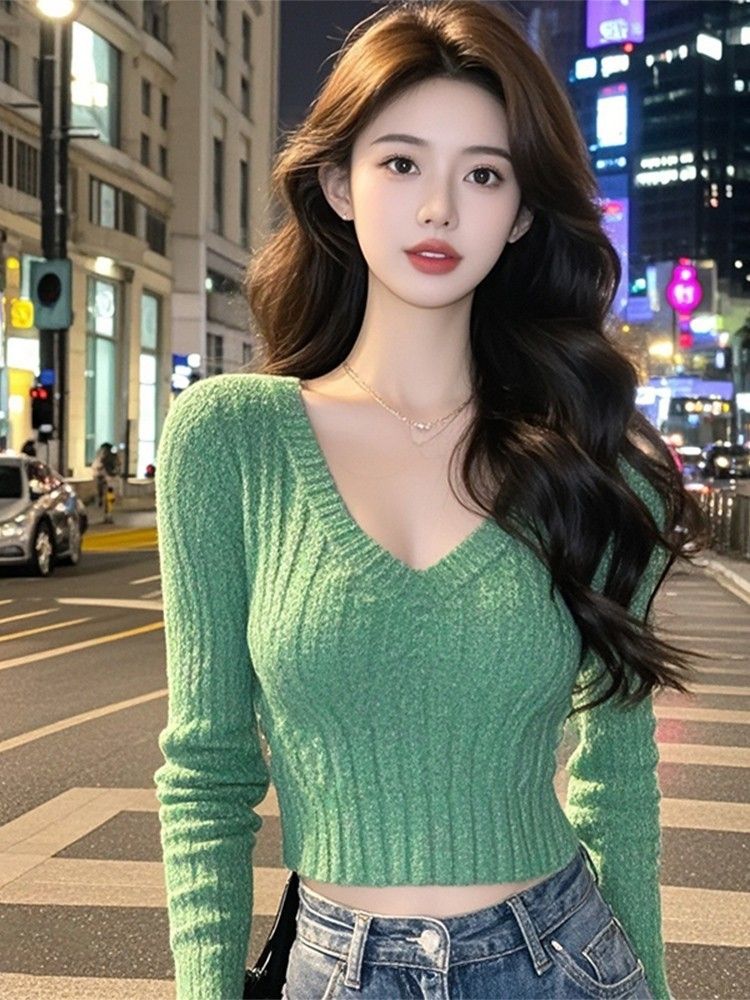 Maglione corto versatile a maniche lunghe da donna, con scollo a V, autunno e inverno, dal design nuovo, vestibilità slim, lavorato a maglia_voghion.com