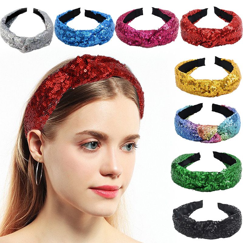 Semplice nodo, fiocco incrociato, paillettes colorate, elegante fascia per capelli in tessuto da donna_voghion.com