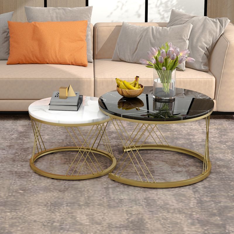 Ensemble de tables basses gigognes modernes, tables d'appoint rondes en placage de marbre avec cadre doré, tables d'appoint de canapé 2 pièces_voghion.com