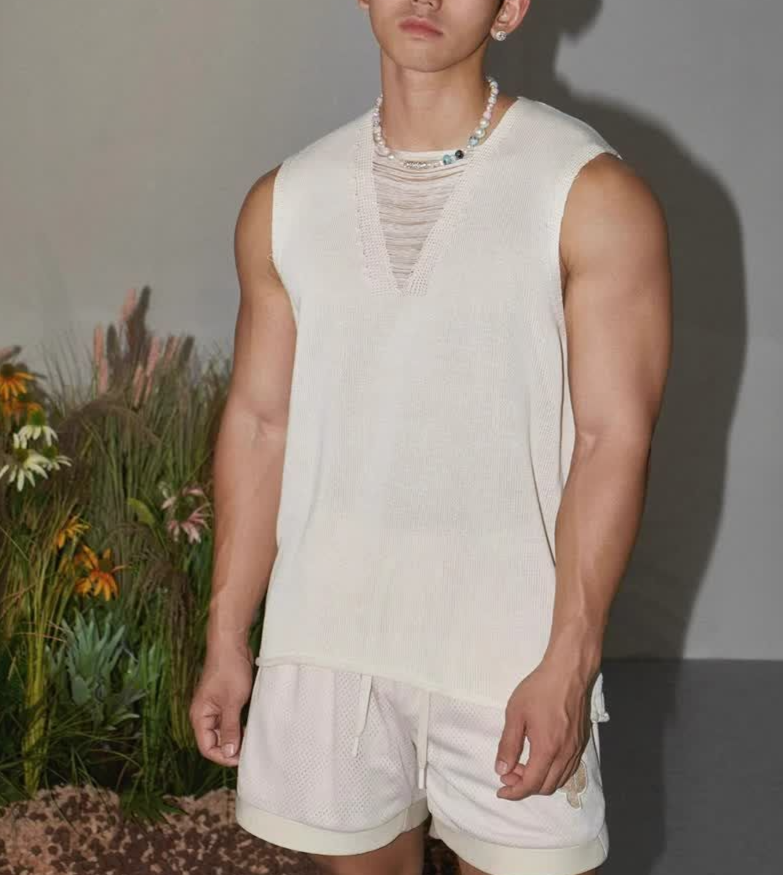 Gilet in maglia con scollo a V, stile street americano, design di nicchia, per uomo, casual, semplice, tinta unita, senza maniche, alla moda._voghion.com