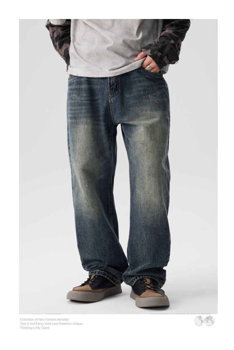 Jeans elasticizzati CLEANFIT da uomo, larghi e dritti, modello Harlan, alla moda, lunghi, a vita media, stile retrò americano, lavato, possono contenere fino a otto barili, Xiansen K11_voghion.com