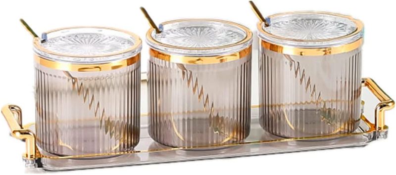 Barattoli in acrilico con coperchio, cucchiaio e vassoio, barattoli in plastica trasparente, set da 3, set di spezie da cucina, possono contenere sale e peperoncino_voghion.com