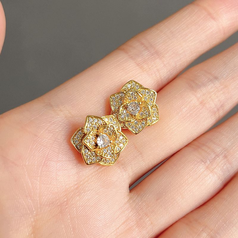Cao Shi's New Delicate Camellia Series High Grade Light Luxury Flower Zircon Earrings Female_voghion.com