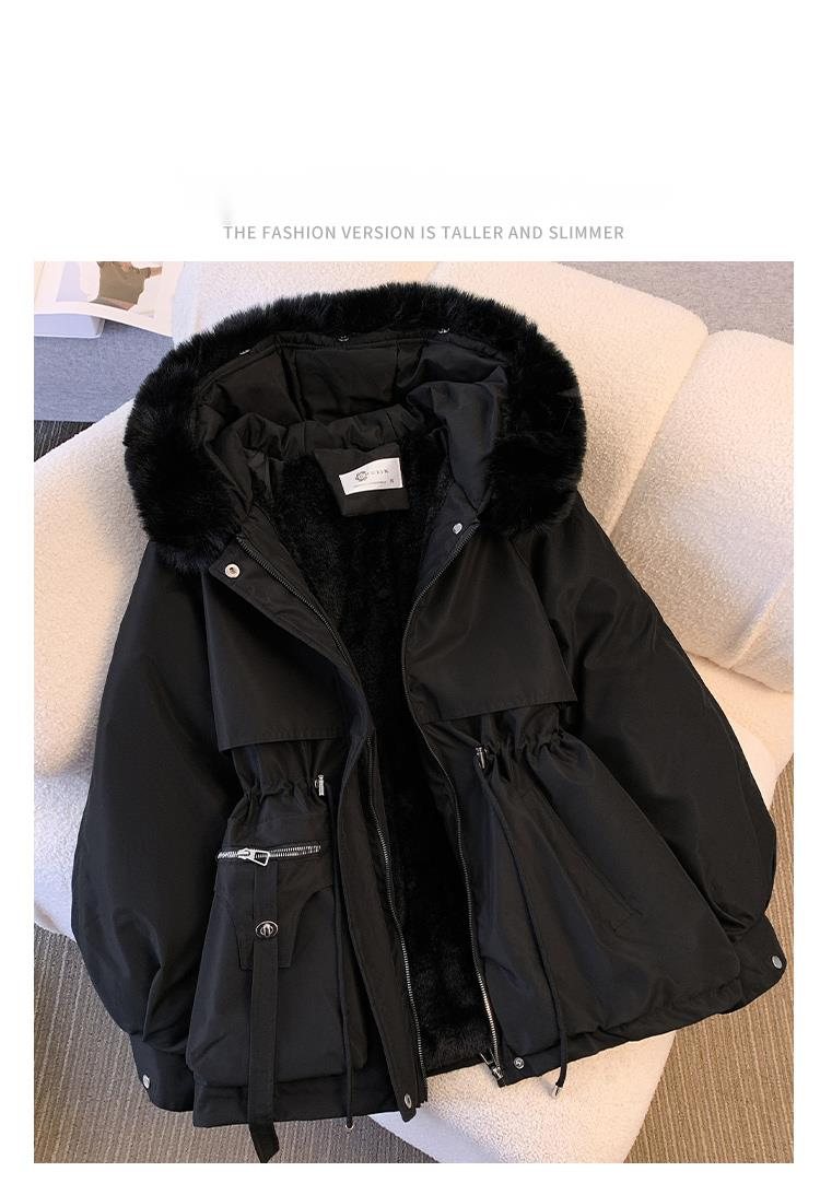 Sweat à capuche mi-long pour femme, coupe cintrée, amincissant, grand col en fourrure avec peluche en coton, grande taille_voghion.com