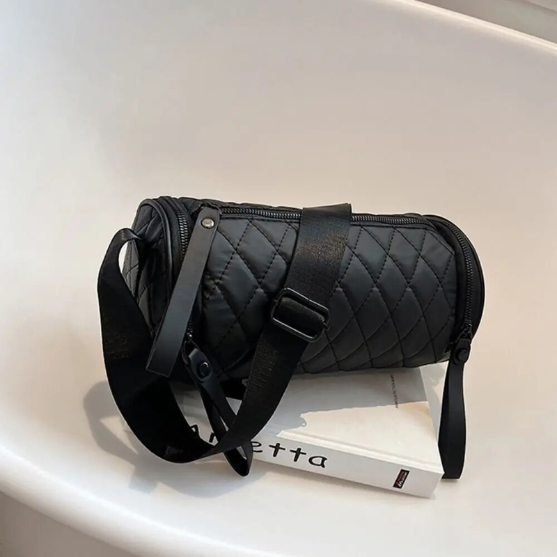 Borsa a tracolla con tracolla a spalla singola con cerniera alla moda a cilindro rotondo con cerniera alla moda, a grande capacità, maschio_voghion.com