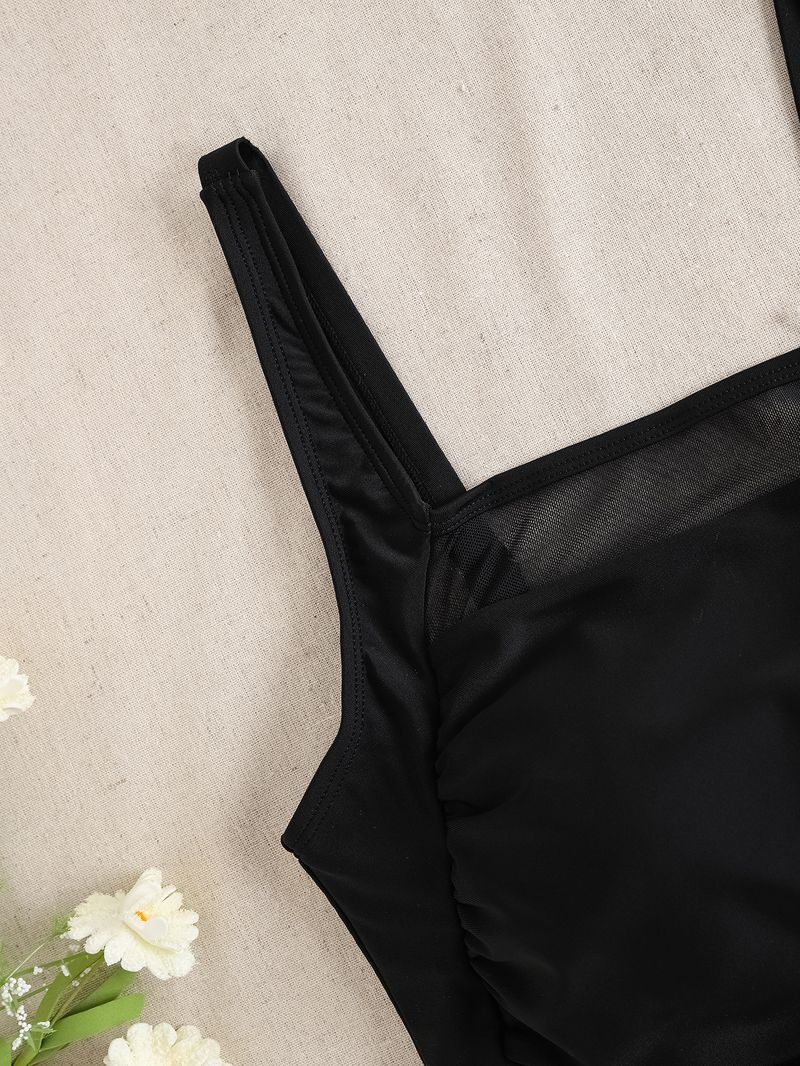 Damenbekleidung Pure Color Mesh Splicing Hohe Taille Kordelzug Split Bikini Badeanzug_voghion.com