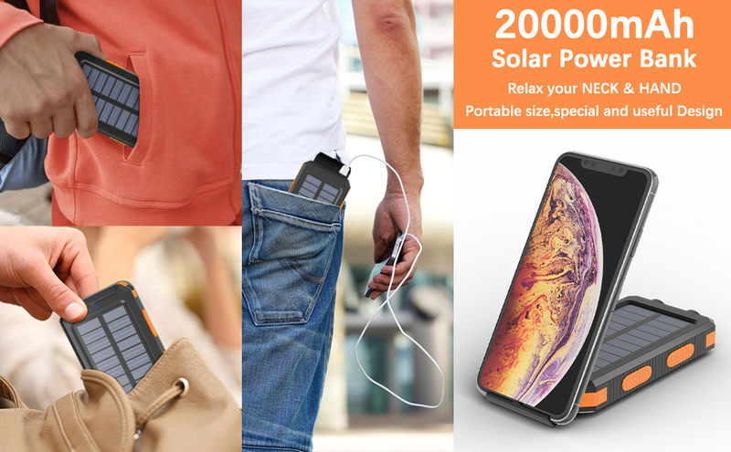 Încărcător solar 20000mAh Power Bank Încărcător solar portabil pentru telefon, lanternă cu 2 USB/LED și busolă pentru activități în aer liber_voghion.com
