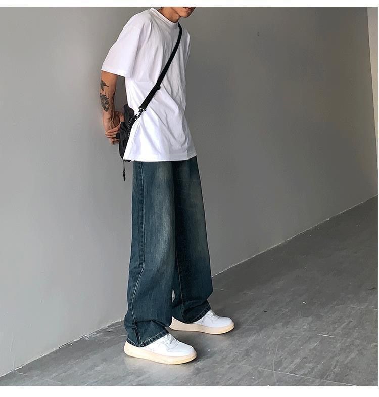 Gadebrede, afslappede og alsidige, løse, lige ben, vaskede denim-dadbukser til mænd og kvinder_voghion.com