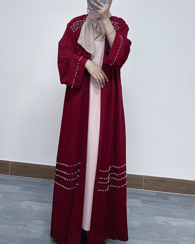 Elegant Dubai Pearl-Embellished Abaya – Long Sleeve Open Front Robe Dress (Black/Burgundy, S-XXL)_voghion.com