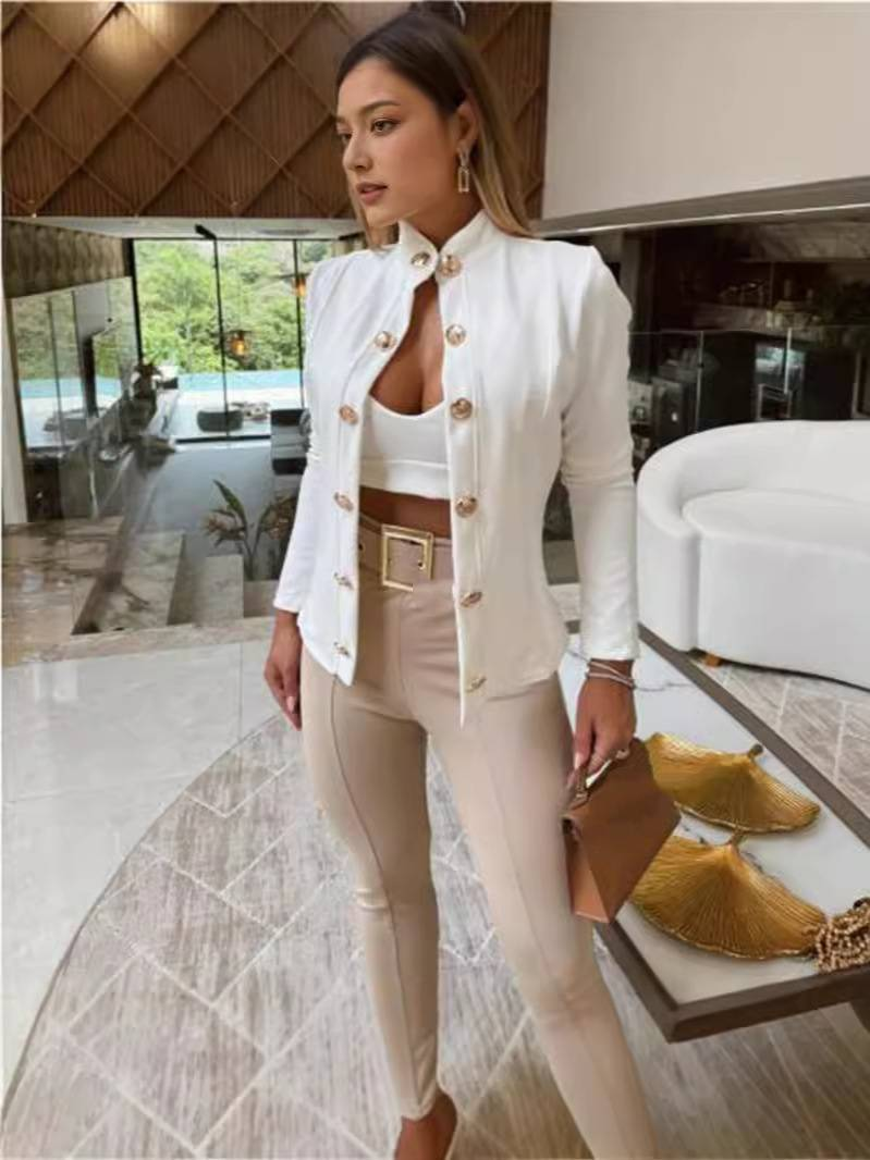 Kadın Giyim dik yaka uzun kollu ince moda kruvaze küçük takım elbise ceket_voghion.com