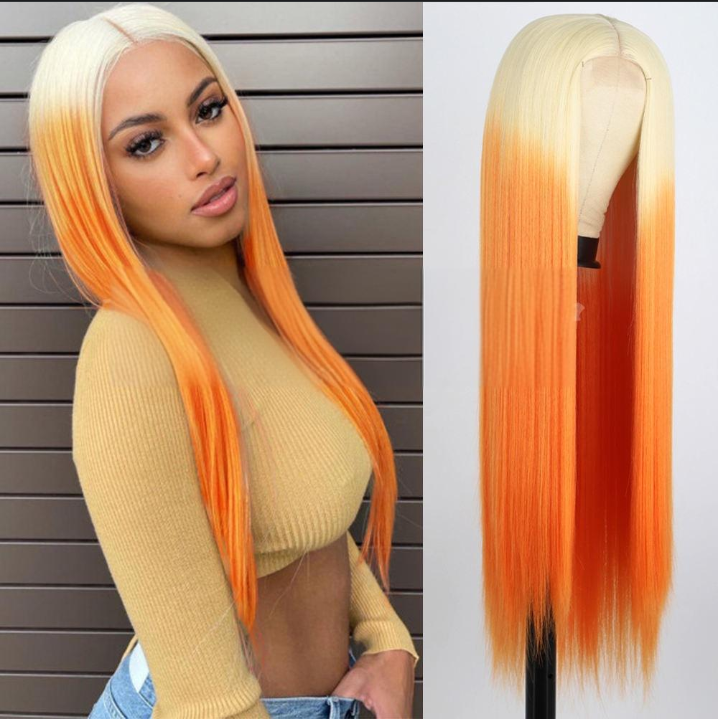 Unisex parykker til kvinder, langt glat hår, pandehår med syntetiske fibre, lille blonde pianofarvet paryksæt med highlights_voghion.com