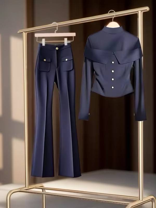 Women's Clothing small high waist slim pants copper sulfate wear blue suit flared casual pants women autumn_voghion.com