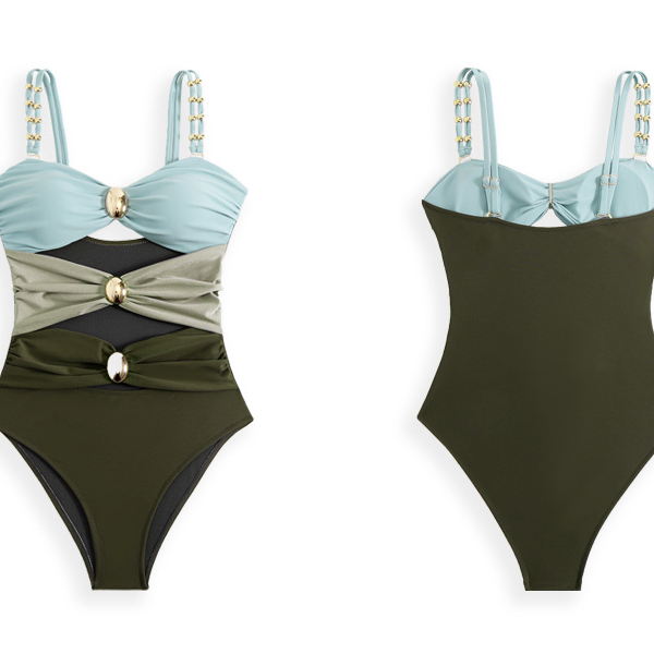 2025 costum de baie stil nou, culoare solidă, îmbinare, stil fierbinte, cu buton metalic, costum de baie transfrontalier european și american, dintr-o bucată_voghion.com