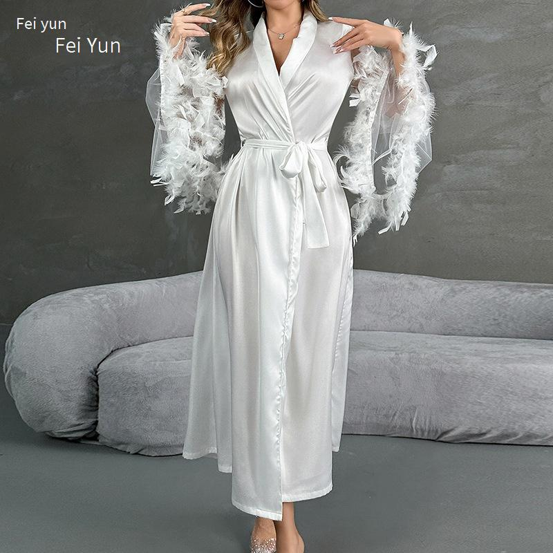Damen Nachtwäsche Neue sexy Nachthemd plus Bademantel Pamas weibliche Langarm Feder Damen Satin Home Kleidung_voghion.com
