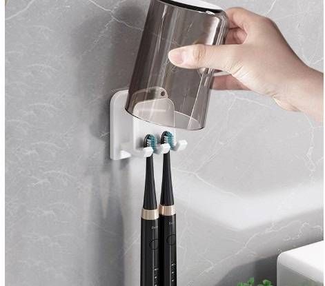 Suction Cup Toothbrush Holder With Cups & Hair Dryer Stand - No Drill Wall Mount Bathroom Organizer For Family Of 4, 3 Or Couples_voghion.com