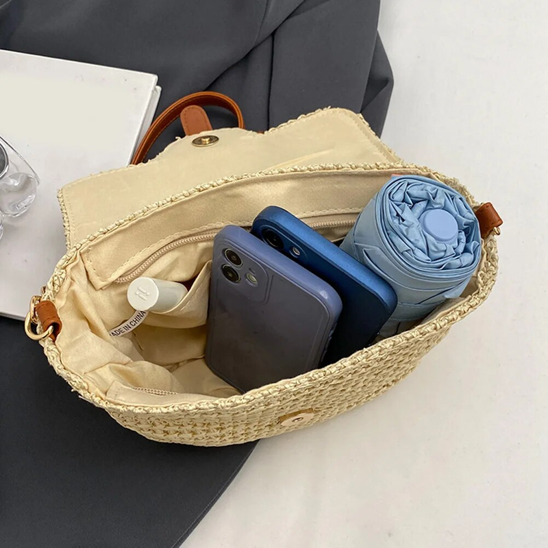 Borsa a tracolla da spiaggia da donna con cintura regolabile Borsa per telefono per la spesa estiva da donna con tracolla in conchiglia in paglia Boho_voghion.com