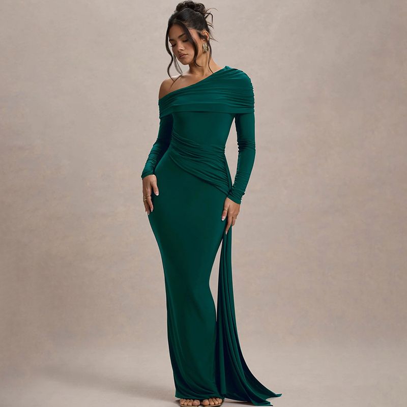 Elegante abito aderente a maniche lunghe con spalle scoperte, volant e vita alta – Abito da sera slim fit alla moda per donna_voghion.com