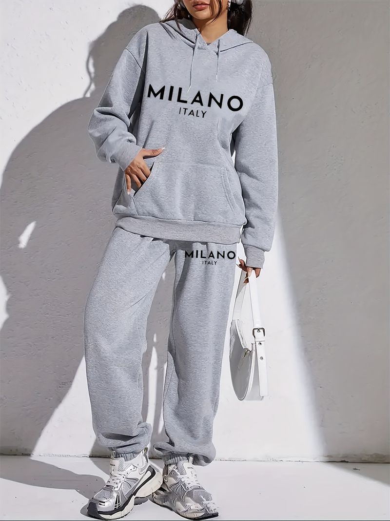 Set di felpa con cappuccio e stampa unisex da donna con tasche - Felpa con cappuccio e pantaloni da jogging casual da strada in morbido misto cotone_voghion.com
