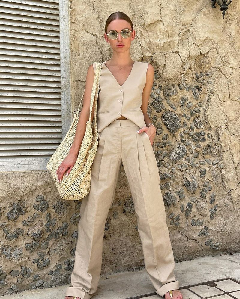 Completo da donna in cotone e lino senza maniche, gilet e pantaloni da donna, set due pezzi moda casual da donna_voghion.com