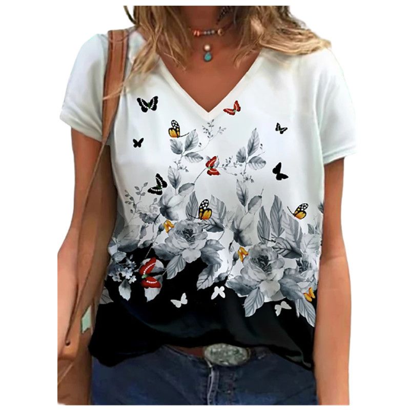 Camiseta feminina com estampa digital 3D e manga curta, gola V, estilo solto, verão 2021_voghion.com