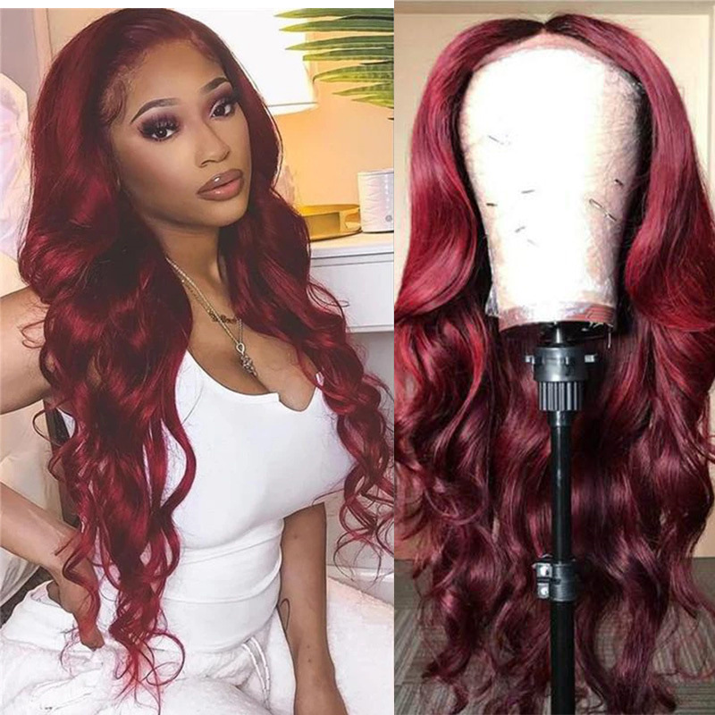 Parrucca sintetica da donna capelli ricci lunghi rosso vino con copricapo parrucca a onde larghe_voghion.com