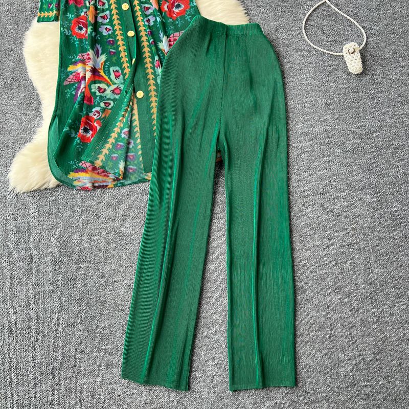 Sieviešu apģērbu kostīms sievietēm, gaišs brieduma stils, vidēja garuma, vienrindu, kroku apdrukas tops + ikdienas bikses ar augstu vidukli_voghion.com