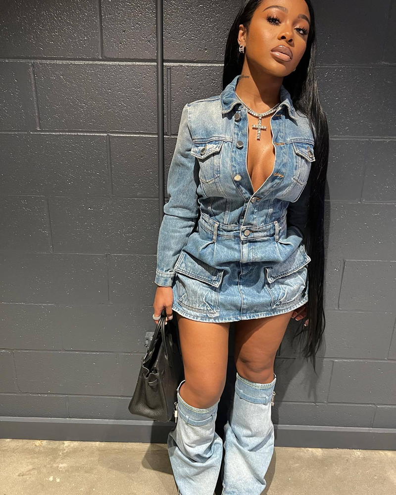 Women's multi-pocket washed denim dress three-piece set with pant legs_voghion.com