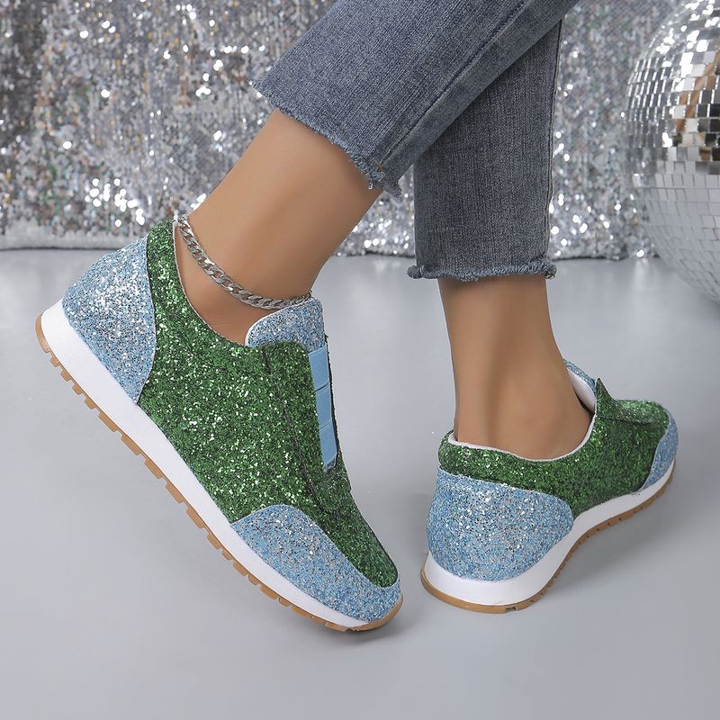 Women's single shoes sequin rhinestones elastic casual single shoes thick soled round head single shoes_voghion.com