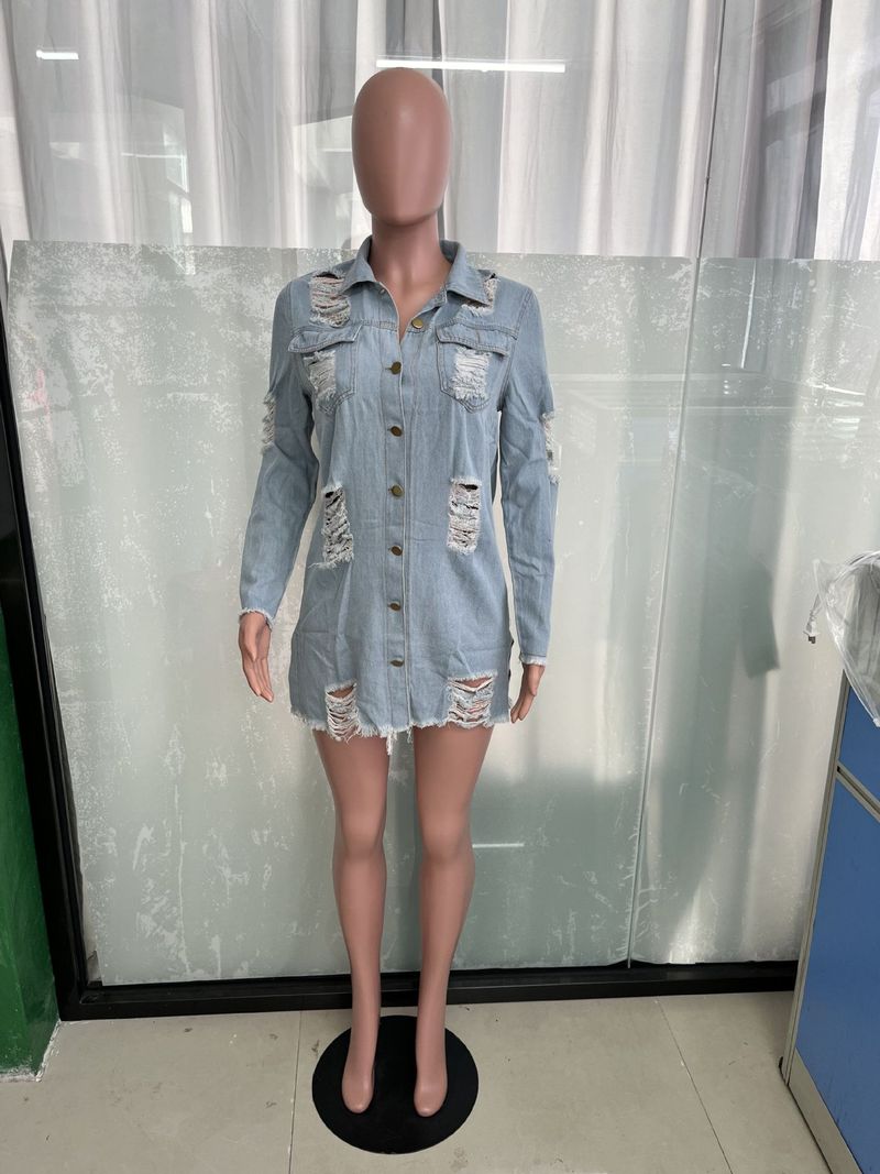 Palton din denim pentru femei, la modă, cu ciucuri, un singur rând de nasturi, cu găuri, lung, cu mânecă lungă, trench din denim_voghion.com
