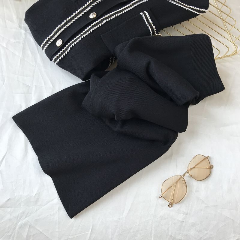 Kadın moda yuvarlak boyun örme hırka üst geniş bacak pantolon iki parçalı set_voghion.com