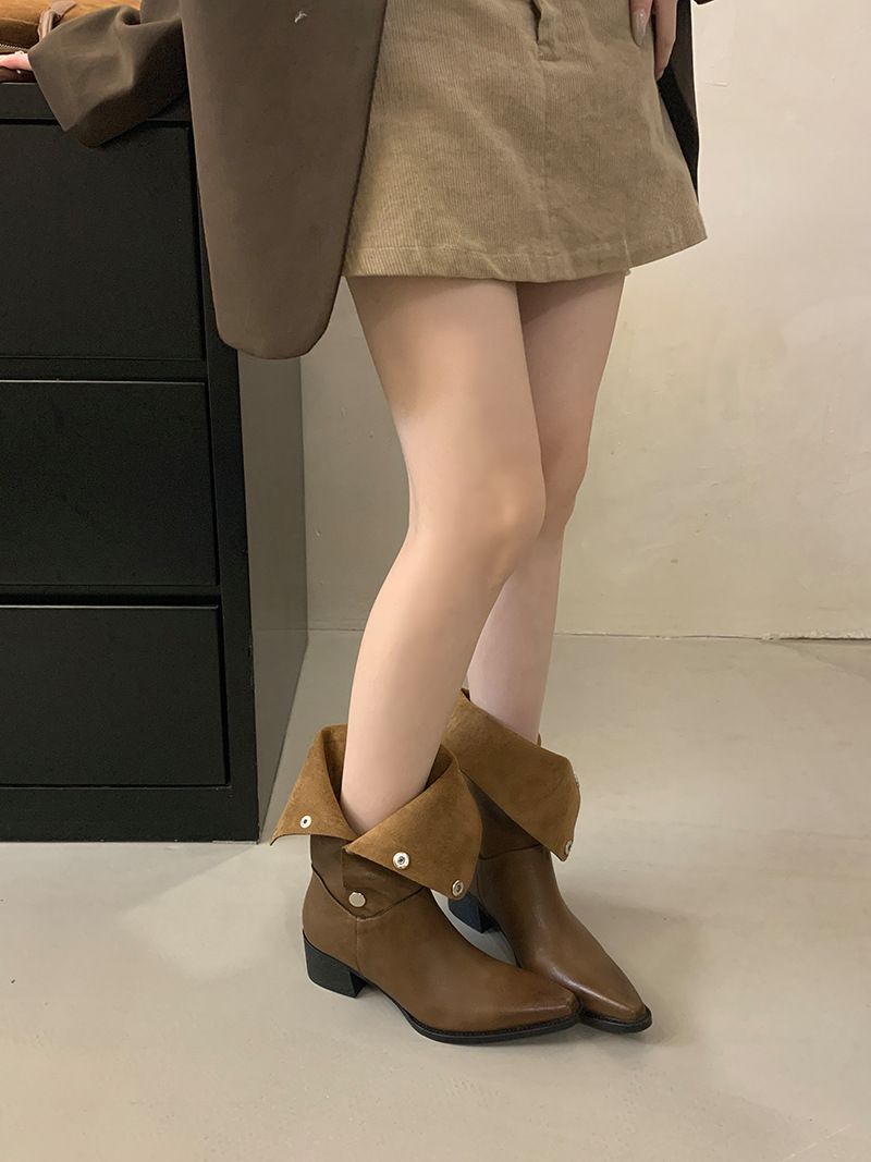 Damenschuhe Stiefeletten Herbst Neue Stiefel aus weichem Leder in geriebener Farbe Metall versteckte Schnalle kann gefaltet werden Zwei Tragemöglichkeiten Retro-Ritterstiefel mit dickem Absatz_voghion.com