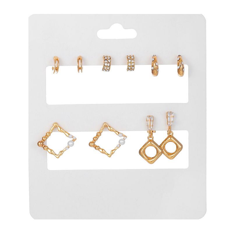 Metal Love Square Geometric Tassel Earrings Combination Set Of Retro Pearl Diamond C Shaped Earrings_voghion.com