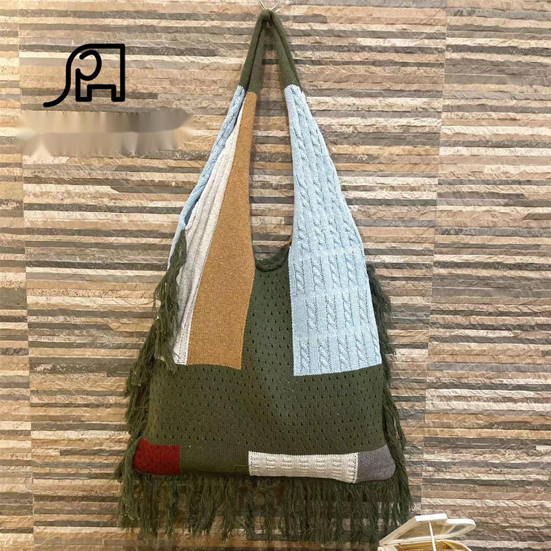 New Cross Border Tassel Women's Splicing Knitted Handheld Shoulder Bag Hot Selling Simple And Versatile Retro Knitted Bag_voghion.com