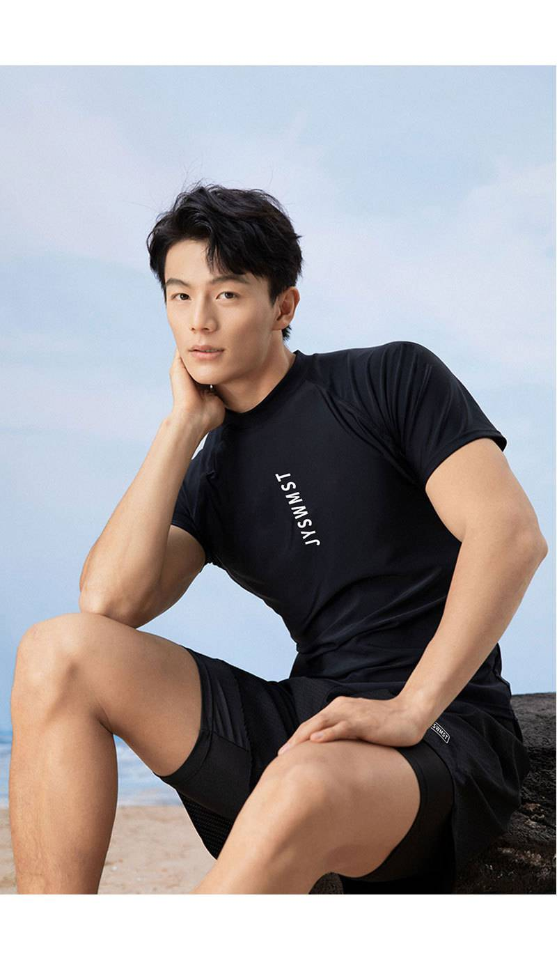 Swimsuit For Men, Teenage Adult, Large-sized Double-layer Swimming Trunks, Short-sleeved Top, Men's Training Suit, Swimsuit_voghion.com