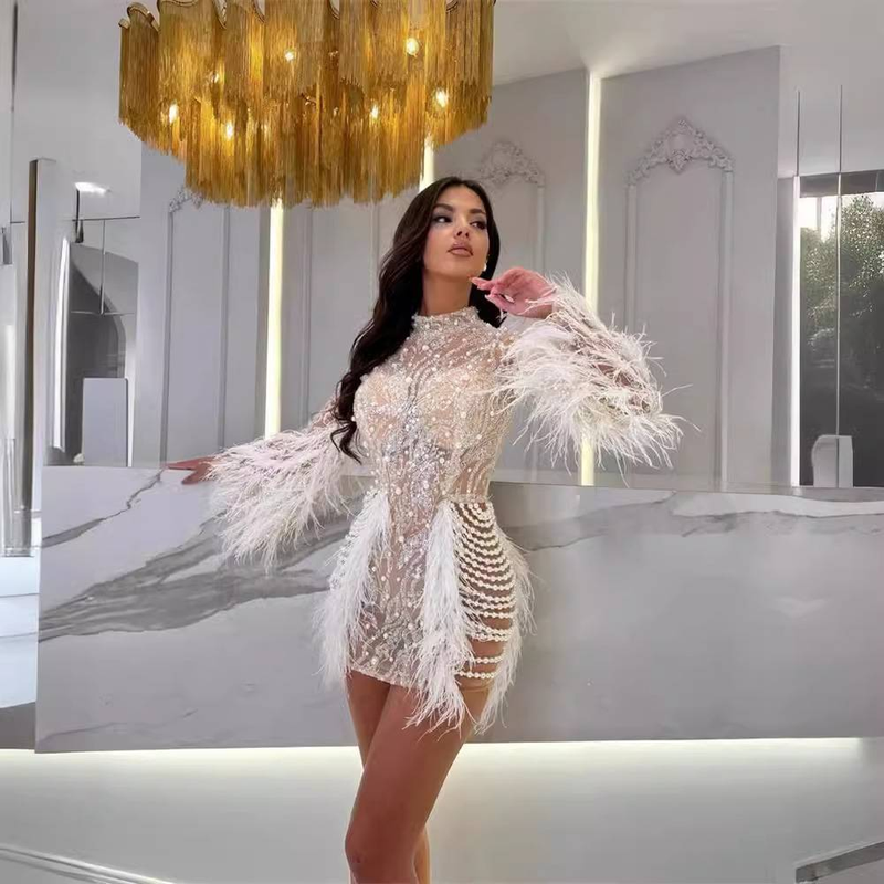 Elegantes Partykleid mit Federärmeln, Pailletten und Perlen – Glamouröses Bühnenkleid für Geburtstagsfeiern_voghion.com