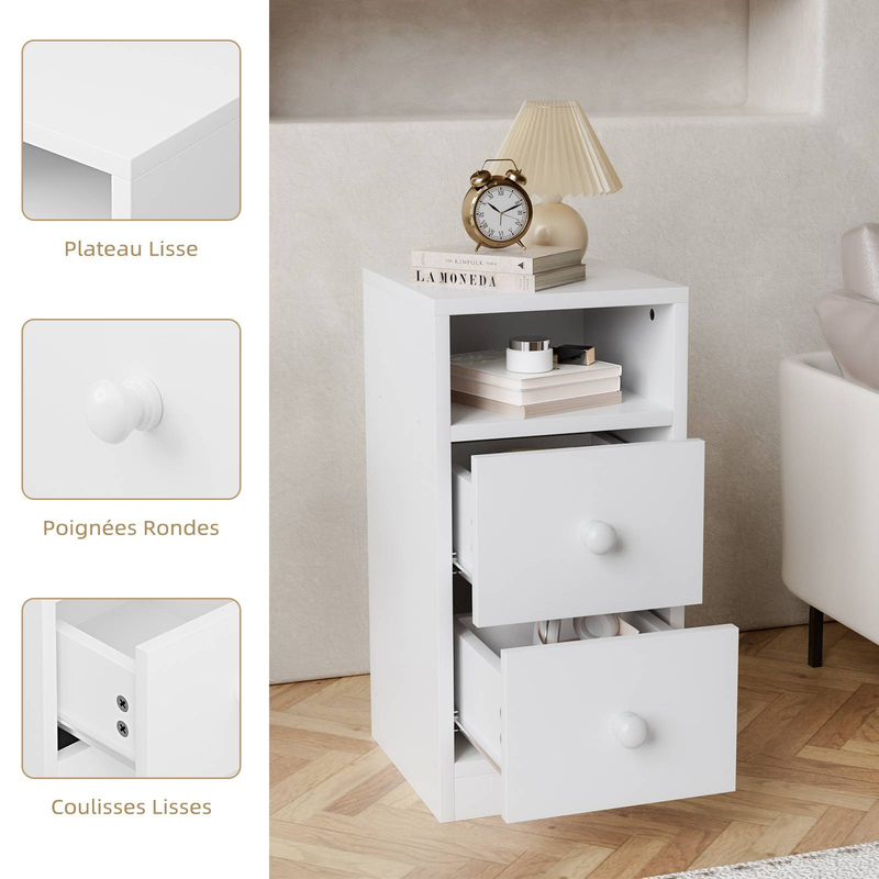 Set mit 2 weißen Nachttischen – 25 x 30 x 60 cm, laminierte Spanplatte, 2 Schubladen + offenes Regal, minimalistischer Nachttisch (weiß)_voghion.com