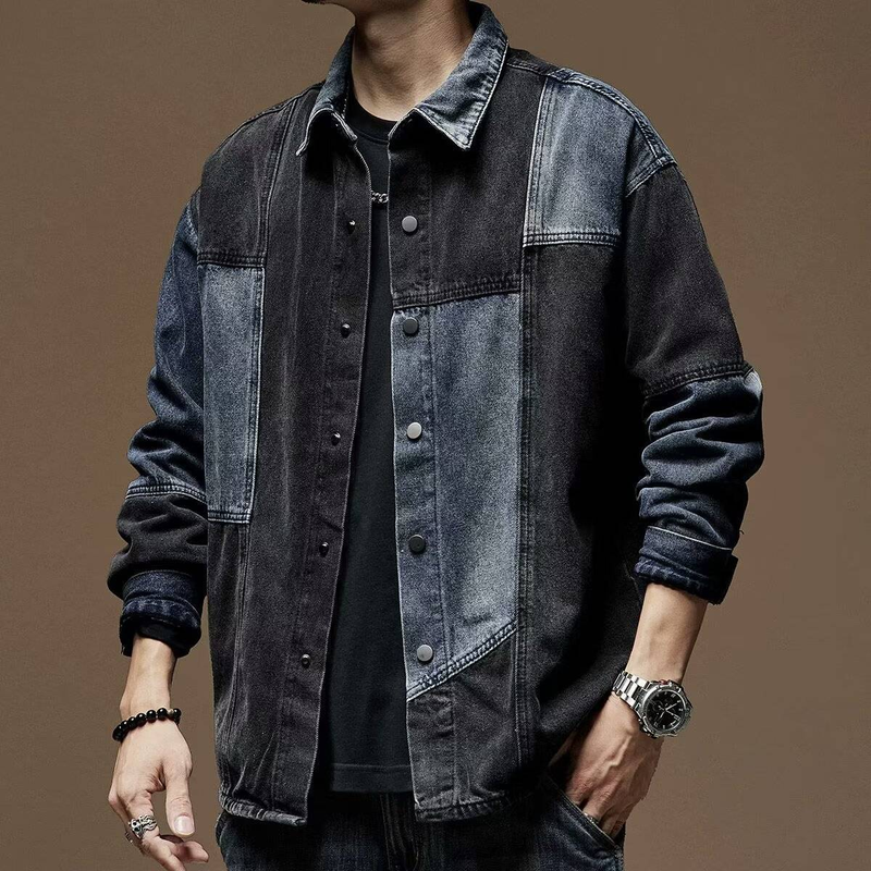 Camicia in denim vintage lavato da uomo, giacca casual a maniche lunghe effetto consumato con blocchi di colore, camicia oversize retrò dalla vestibilità ampia per primavera e autunno_voghion.com