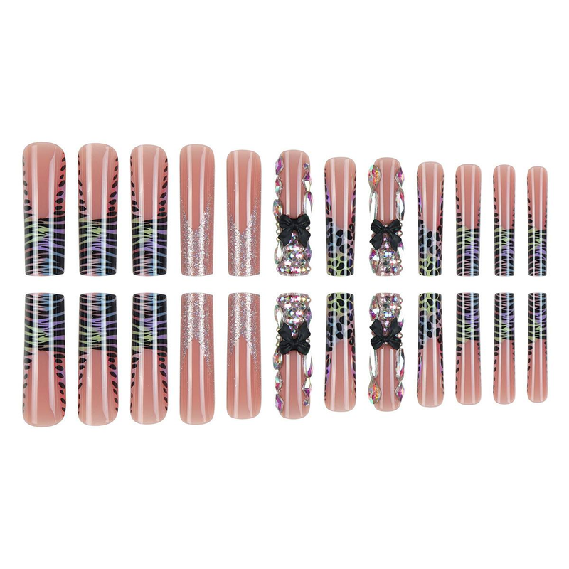 24 Stück extra lange Press-On-Nägel mit Leopardenmuster und French Tip – Klebe- und Sticker-Optionen – elegantes Schleifen-Design für Damen_voghion.com