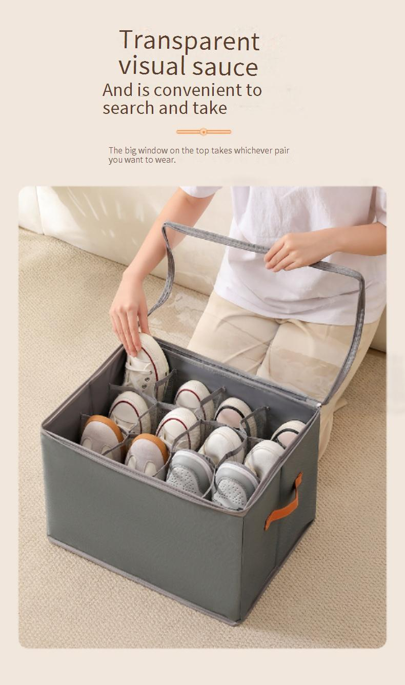 Boîte à chaussures pliable en tissu avec couvercle transparent – Organiseur respirant à compartiments multiples pour chaussures et accessoires (43 × 32 × 30 cm, lavable, empilable)_voghion.com
