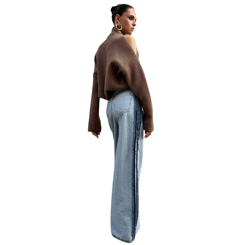 Off-Shoulder High Neck Sweater – Oversized Knit Top With Slouchy Drop Shoulder & Openwork Details (S-L, Brown)_voghion.com