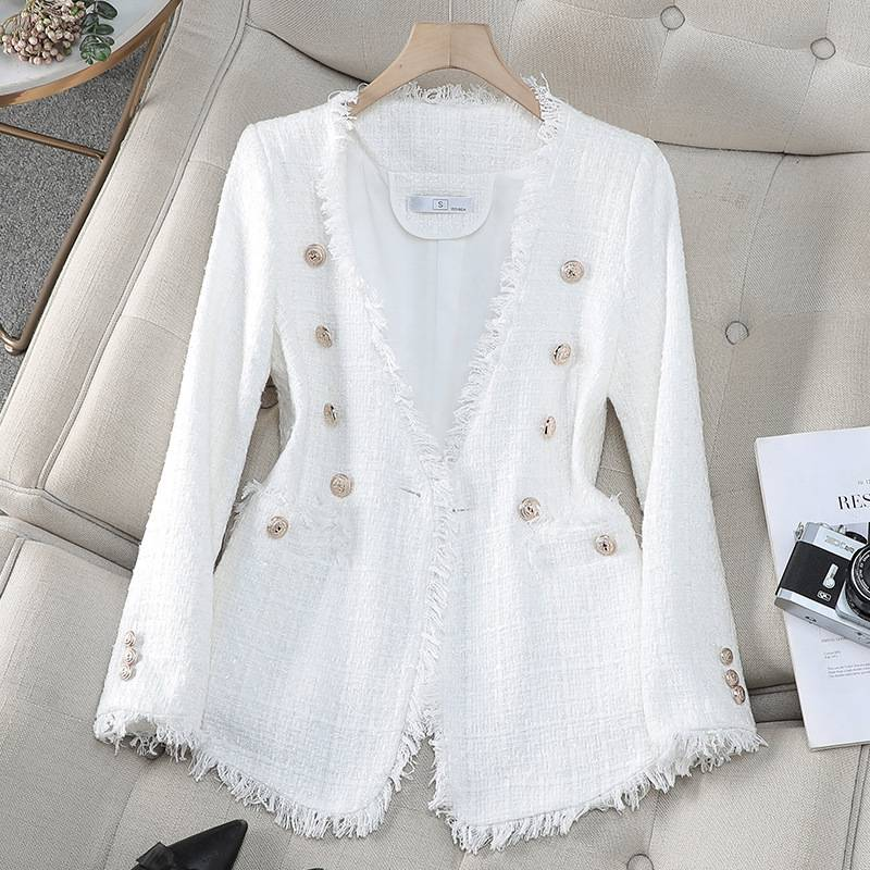 Blazer élégant d'inspiration française pour femme, col en V et boutons croisés - Veste en tweed pour le bureau et le soir_voghion.com